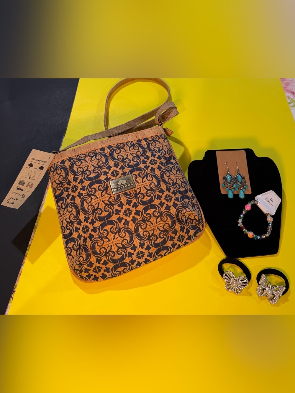 Tan Printed Crossbody Bag with Decorative Plaque & accessories